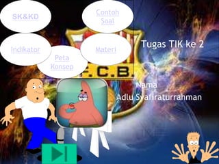 Contoh
Soal

SK&KD

Indikator

Materi

Tugas TIK ke 2

Peta
Konsep

Nama
Adlu Syafiraturrahman

 