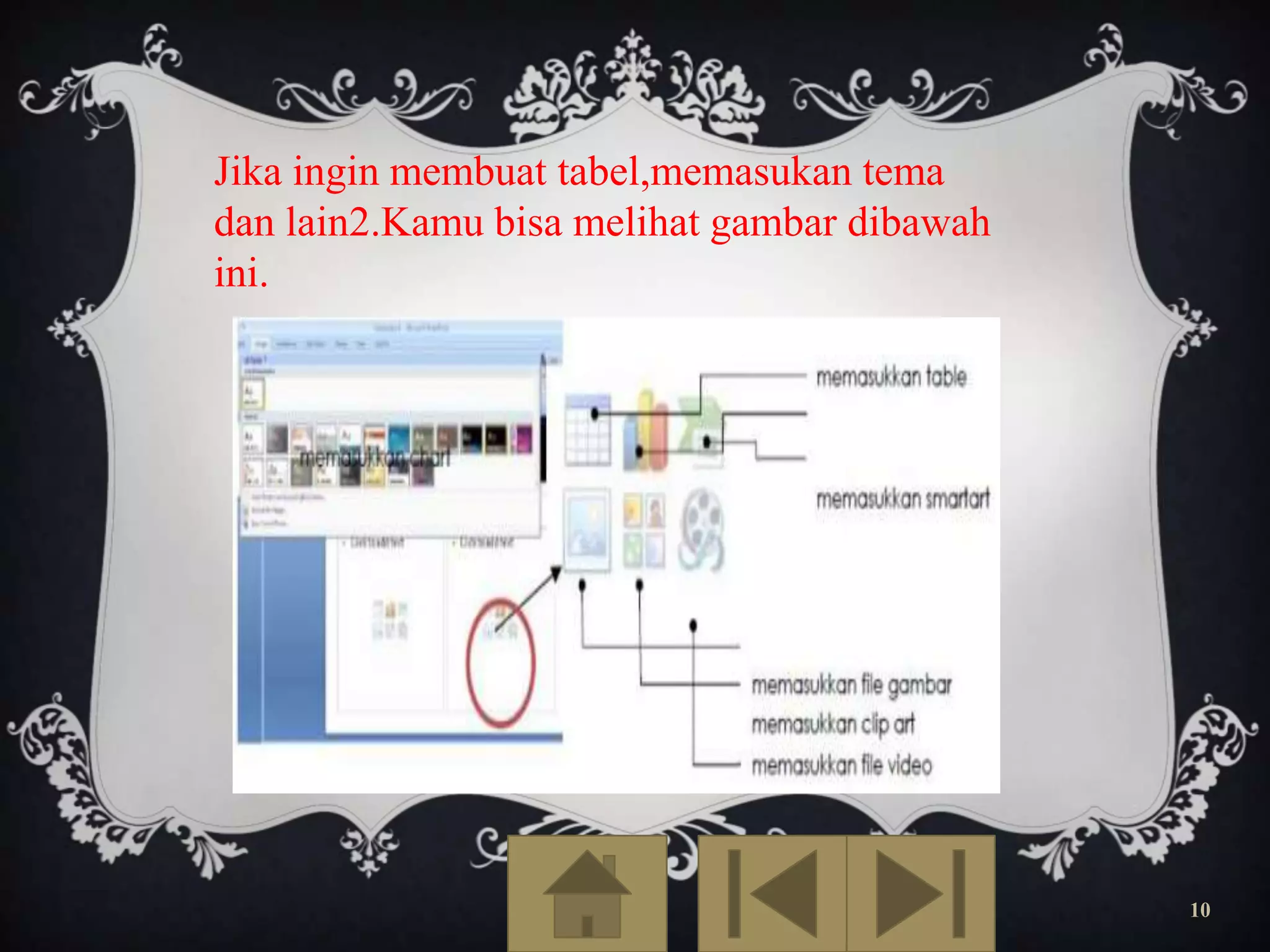 Jika ingin membuat tabel,memasukan tema
dan lain2.Kamu bisa melihat gambar dibawah
ini.

10

 