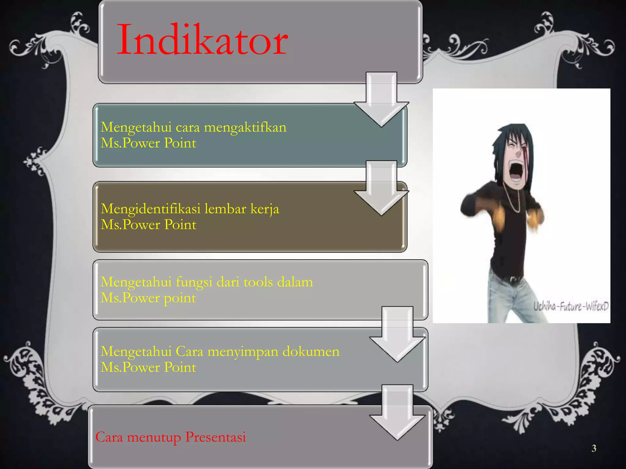 Indikator
Mengetahui cara mengaktifkan
Ms.Power Point

Mengidentifikasi lembar kerja
Ms.Power Point

Mengetahui fungsi dari tools dalam
Ms.Power point
Mengetahui Cara menyimpan dokumen
Ms.Power Point

Cara menutup Presentasi

Free Template from www.brainybetty.com

3

 