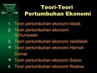 Teori-Teori
         Pertumbuhan Ekonomi
1. Teori pertumbuhan ekonomi klasik
2. Teori pertumbuhan ekonomi
     Schumpeter
3.   Teori pertumbuhan ekonomi neoklasik
    Teori pertumbuhan ekonomi Harrod-
     Domar
    Teori pertumbuhan ekonomi Solow
4.   Teori pertumbuhan ekonomi Rostow
 