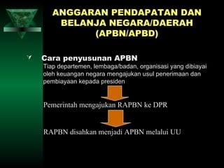 ANGGARAN PENDAPATAN DAN
        BELANJA NEGARA/DAERAH
             (APBN/APBD)

   Cara penyusunan APBN
    Tiap departemen, lembaga/badan, organisasi yang dibiayai
    oleh keuangan negara mengajukan usul penerimaan dan
    pembiayaan kepada presiden


    Pemerintah mengajukan RAPBN ke DPR


    RAPBN disahkan menjadi APBN melalui UU
 