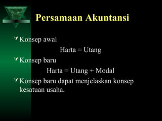 Persamaan Akuntansi

 Konsep awal
                Harta = Utang
 Konsep baru
           Harta = Utang + Modal
 Konsep baru dapat menjelaskan konsep
  kesatuan usaha.
 