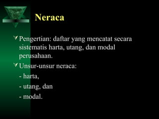 Neraca

 Pengertian: daftar yang mencatat secara
  sistematis harta, utang, dan modal
  perusahaan.
 Unsur-unsur neraca:
  - harta,
  - utang, dan
  - modal.
 