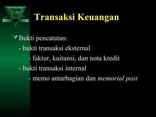 Transaksi Keuangan

 Bukti pencatatan:
  - bukti transaksi eksternal
      - faktur, kuitansi, dan nota kredit
  - bukti transaksi internal
      - memo antarbagian dan memorial post
 