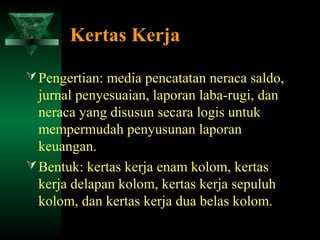 Kertas Kerja

 Pengertian: media pencatatan neraca saldo,
  jurnal penyesuaian, laporan laba-rugi, dan
  neraca yang disusun secara logis untuk
  mempermudah penyusunan laporan
  keuangan.
 Bentuk: kertas kerja enam kolom, kertas
  kerja delapan kolom, kertas kerja sepuluh
  kolom, dan kertas kerja dua belas kolom.
 
