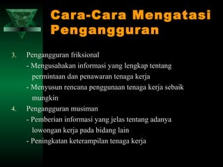 Cara-Cara Mengatasi
            Pengangguran
3.   Pengangguran friksional
     - Mengusahakan informasi yang lengkap tentang
       permintaan dan penawaran tenaga kerja
     - Menyusun rencana penggunaan tenaga kerja sebaik
       mungkin
4.   Pengangguran musiman
     - Pemberian informasi yang jelas tentang adanya
       lowongan kerja pada bidang lain
     - Peningkatan keterampilan tenaga kerja
 