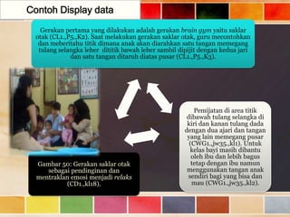 Contoh Display data
Gerakan pertama yang dilakukan adalah gerakan brain gym yaitu saklar
otak (CL1.,P5.,K2). Saat melakukan gerakan saklar otak, guru mecontohkan
dan meberitahu titik dimana anak akan diarahkan satu tangan memegang
tulang selangka leher dititik bawah leher sambil dipijit dengan kedua jari
dan satu tangan ditaruh diatas pusar (CL1.,P5.,K3).

Gambar 50: Gerakan saklar otak
sebagai pendinginan dan
mentraklan emosi menjadi relaks
(CD1.,kl18).

Pemijatan di area titik
dibawah tulang selangka di
kiri dan kanan tulang dada
dengan dua ajari dan tangan
yang lain memegang pusar
(CWG1.,jw35.,kl1). Untuk
kelas bayi masih dibantu
oleh ibu dan lebih bagus
tetap dengan ibu namun
menggunakan tangan anak
sendiri bagi yang bisa dan
mau (CWG1.,jw35.,kl2).

 