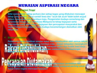 HURAIAN ASPIRASI NEGARA Budaya Berprestasi Tinggi   Sifat memastikan setiap perkara dan setiap tugas yang dilakukan mencapai tahap yang terbaik. Sikap sambil lewa dan “acuh tak acuh”tidak boleh wujud dalam masyarakat yang berdaya maju. Pengamalan budaya cemerlang dan berprestasi tinggi akan membawa Malaysia ke tahap kejayaan serta pencapaian yang lebih tinggi. Kejayaan dan pencapaian masyarakat dan negara bergantung setakat mana budaya kecemerlangan diamalkan oleh rakyatnya. Budaya Ketepatan Perkara ini harus dijadikan amalan kekal atau dibudayakan oleh semua rakyat bagi mencapai matlamat negara berdaya maju . Aspek ketepatan merangkumi aspek bidang pengurusan pekerjaan , menepati waktu dan kualiti hasil kerja . Perkara ini menjadi penilaian utama dalam menentukan kecemerlangan sesuatu tindakan . Budaya Ilmu Negara perlu memiliki masyarakat yang mengutamakan pendidikan dan pengetahuan. Pendidikan dan pengetahuan adalah prasyarat penting untuk mana-mana negara mencapai kejayaan  . 