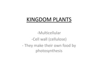KINGDOM PLANTS

         -Multicellular
     -Cell wall (cellulose)
- They make their own food by
        photosynthesis
 