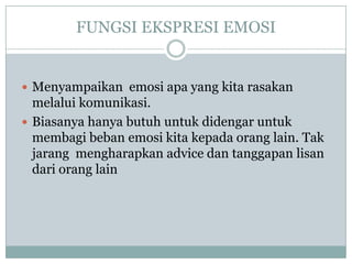FUNGSI EKSPRESI EMOSI


 Menyampaikan emosi apa yang kita rasakan
  melalui komunikasi.
 Biasanya hanya butuh untuk didengar untuk
  membagi beban emosi kita kepada orang lain. Tak
  jarang mengharapkan advice dan tanggapan lisan
  dari orang lain
 