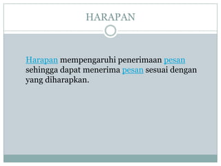HARAPAN



Harapan mempengaruhi penerimaan pesan
sehingga dapat menerima pesan sesuai dengan
yang diharapkan.
 