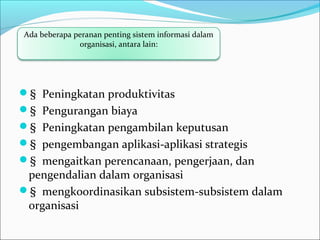 §  Peningkatan produktivitas
§  Pengurangan biaya
§  Peningkatan pengambilan keputusan
§  pengembangan aplikasi-aplikasi strategis
§  mengaitkan perencanaan, pengerjaan, dan      
pengendalian dalam organisasi
§  mengkoordinasikan subsistem-subsistem dalam 
organisasi
Ada beberapa peranan penting sistem informasi dalam 
organisasi, antara lain:
 