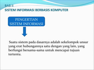 BAB II
SISTEM INFORMASI BERBASIS KOMPUTER
Suatu sistem pada dasarnya adalah sekelompok unsur
yang erat hubungannya satu dengan yang lain, yang
berfungsi bersama-sama untuk mencapai tujuan
tertentu.
PENGERTIAN
SISTEM INFORMASI
 