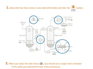 1. Select the four blue circles in any order (Ctrl+click) and click the button. 
2. When you ‘play’ the slide show ( ), you should see a single circle animated 
in the order you selected the four circles previously. 
 