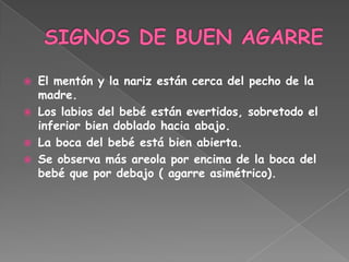  El mentón y la nariz están cerca del pecho de la
  madre.
 Los labios del bebé están evertidos, sobretodo el
  inferior bien doblado hacia abajo.
 La boca del bebé está bien abierta.
 Se observa más areola por encima de la boca del
  bebé que por debajo ( agarre asimétrico).
 