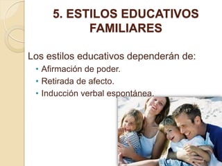 5. ESTILOS EDUCATIVOS
           FAMILIARES

Los estilos educativos dependerán de:
 • Afirmación de poder.
 • Retirada de afecto.
 • Inducción verbal espontánea.
 