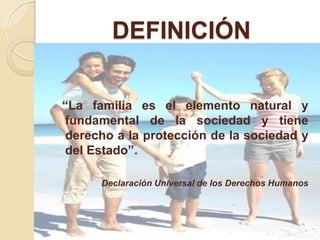 DEFINICIÓN

“La familia es el elemento natural y
fundamental de la sociedad y tiene
derecho a la protección de la sociedad y
del Estado”.

      Declaración Universal de los Derechos Humanos
 