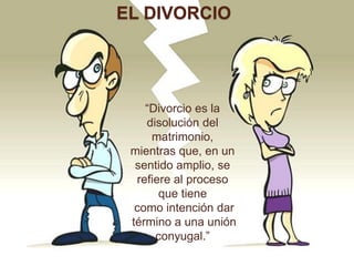 EL DIVORCIO




    “Divorcio es la
    disolución del
     matrimonio,
 mientras que, en un
  sentido amplio, se
  refiere al proceso
       que tiene
  como intención dar
 término a una unión
      conyugal.”
 