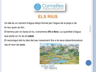 Un riu és un corrent d’aigua dolça format per l’aigua de la pluja o de
El terreny per on baixa el riu, s’anomena llit o llera. La quantitat d’aigua
que porta un riu és el cabal.
El recorregut del riu des del seu naixement fins a la seva desembocadura

rep el nom de curs.

FT-42-GN-400

la neu quan es fon.

 