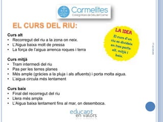 Curs mitjà
• Tram intermedi del riu
• Pas per les terres planes
• Més ample (gràcies a la pluja i als afluents) i porta molta aigua.
• L’aigua circula més lentament
Curs baix
• Final del recorregut del riu
• Llera més ampla
• L’Aigua baixa lentament fins al mar, on desemboca.

FT-42-GN-400

Curs alt
• Recorregut del riu a la zona on neix.
• L’Aigua baixa molt de pressa
• La força de l’aigua arrenca roques i terra

 