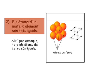 2) Els àtoms d’un
mateix element
són tots iguals.
Així, per exemple,
tots els àtoms de
ferro són iguals.
Àtoms de ferro
 