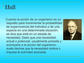 Hull

Cuando la acción de un organismo es un
requisito para incrementar la probabilidad
de supervivencia del individuo o de una
especie en una determinada situación,
se dice que está en un estada de
necesidad. Dado que una necesidad,
actual o potencial, usualmente precede y
acompaña a la acción del organismo,
suele decirse que la necesidad motiva o
impulsa la actividad asociada.
 