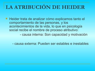 LA ATRIBUCIÓN DE HEIDER
   Heider trata de analizar cómo explicamos tanto el
    comportamiento de las personas, y los
    acontecimientos de la vida, lo que en psicología
    social recibe el nombre de proceso atributivo:
            - causa interna: Son capacidad y motivación

      - causa externa: Pueden ser estables e inestables
 