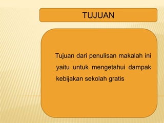 TUJUAN

Tujuan dari penulisan makalah ini

yaitu untuk mengetahui dampak
kebijakan sekolah gratis

 