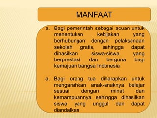 MANFAAT
a. Bagi pemerintah sebagai acuan untuk
menentukan
kebijakan
yang
berhubungan dengan pelaksanaan
sekolah
gratis,
sehingga
dapat
dihasilkan
siswa-siswa
yang
berprestasi
dan
berguna
bagi
kemajuan bangsa Indonesia
a. Bagi orang tua diharapkan untuk
mengarahkan anak-anaknya belajar
sesuai
dengan
minat
dan
kemampuannya sehingga dihasilkan
siswa yang unggul dan dapat
diandalkan

 