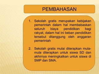 PEMBAHASAN
1. Sekolah gratis merupakan kebijakan
pemerintah dalam hal membebaskan
seluruh
biaya
pendidikan
bagi
rakyat, dalam hal ini beban pendidikan
tersebut ditanggung oleh anggaran
pemerintah

2. Sekolah gratis mulai diterapkan mulamula diterapkan untuk siswa SD dan
akhirnya meningkatkan untuk siswa di
SMP dan SMA.

 