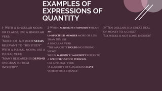 EXAMPLES OF
EXPRESSIONS OF
QUANTITY
1- With a singular noun
or clause, use a singular
verb:
"Much of the book seems
relevant to this study"
With a plural noun, use a
plural verb:
"Many researches depend
on grants from
industry"
2-When majortity/minority mean
an
unspecified number more or less
than 50%, use
a singular verb:
"The majority holds no strong
views"
When majority/ minority refers to
a specified set of persons,
use a plural verb:
"A majority of Canadians have
voted for a change"
3) "Ten dollars is a great deal
of money to a child"
"Six weeks is not long enough"
 