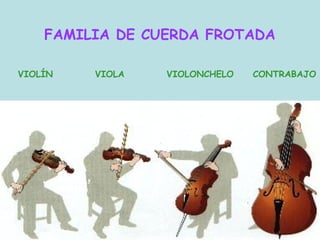 FAMILIA DE CUERDA FROTADA
VIOLÍN VIOLA VIOLONCHELO CONTRABAJO
 