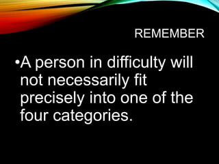 REMEMBER
•A person in difficulty will
not necessarily fit
precisely into one of the
four categories.
 