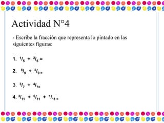 Actividad N°4
- Escribe la fracción que representa lo pintado en las
siguientes figuras:

1. 1/5 + 2/5 =

2.   8/       + 2 /9 =
          9


3. 3/7 + 4/7=

4. 3/11 + 6/11 + 1/11 =
 