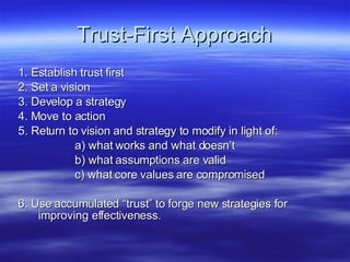 Trust-First Approach 1. Establish trust first 2. Set a vision 3. Develop a strategy 4. Move to action 5. Return to vision and strategy to modify in light of: a) what works and what doesn’t b) what assumptions are valid c) what core values are compromised 6. Use accumulated “trust” to forge new strategies for improving effectiveness. 