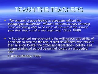 TEACH THE TEACHERS “ No amount of good feeling is adequate without the pedagogical dimension, without students actually knowing more and being able to do more at the end of the school year then they could at the beginning.” (Kohl, 1998) “ A key to school improvement is the willingness and ability of principals to assume the role of staff developers who make it their mission to alter the professional practices, beliefs, and understanding of school personnel toward an articulated end.” ( DuFour,Berkey, 1995) 