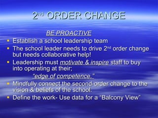 2 nd  ORDER CHANGE BE PROACTIVE Establish a school leadership team The school leader needs to drive 2 nd  order change but needs collaborative help! Leadership must  motivate & inspire  staff to buy into operating at their;  “ edge of   competence.” Mindfully connect the second-order change to the vision & beliefs of the school. Define the work- Use data for a “Balcony View” 