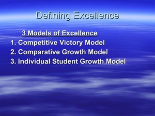 Defining Excellence 3 Models of Excellence 1. Competitive Victory Model 2. Comparative Growth Model 3. Individual Student Growth Model 