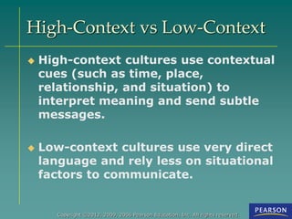 Copyright ©2012, 2009, 2006 Pearson Education, Inc. All rights reserved.
High-Context vs Low-Context
 High-context cultures use contextual
cues (such as time, place,
relationship, and situation) to
interpret meaning and send subtle
messages.
 Low-context cultures use very direct
language and rely less on situational
factors to communicate.
 