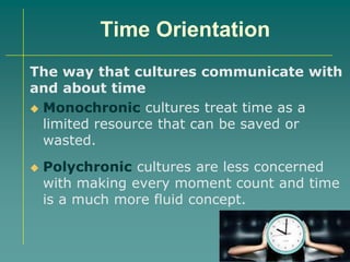 Time Orientation
The way that cultures communicate with
and about time
 Monochronic cultures treat time as a
limited resource that can be saved or
wasted.
 Polychronic cultures are less concerned
with making every moment count and time
is a much more fluid concept.
 