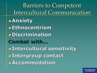 Barriers to Competent
Intercultural Communication
Anxiety
Ethnocentrism
Discrimination
Combat with…
Intercultural sensitivity
Intergroup contact
Accommodation
 
