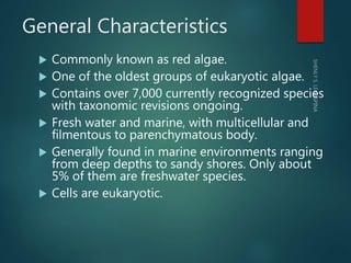 General Characteristics
 Commonly known as red algae.
 One of the oldest groups of eukaryotic algae.
 Contains over 7,0...