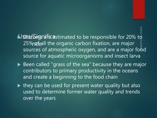 Uses/Significa
nce
 Diatoms are estimated to be responsible for 20% to
25% of all the organic carbon fixation, are major
...