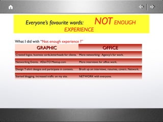 Everyone’s favourite words:                              NOT ENOUGH
                           EXPERIENCE
What I did with “Not enough experience ?”
                   GRAPHIC                                               OFFICE
Created logos, business cards,letterheads for clients. More networking: Agency's for work.

Networking Events. #DevTO Meetup.com                  More interviews for office work.

Design T-shirt designs and participate in contests.   Brush up on interviews, resumes, covers. Network.

Started blogging, increased traffic on my site.       NETWORK with everyone.
 