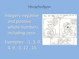 VocabularyIntegers-negative and positive whole numbers, including zero.Examples:  -1, 3, 0, 4, 9, -3, 12 , 15
