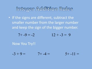 Integer Addition RulesIf the signs are different, subtract the smaller number from the larger number and keep the sign of the bigger number.  7+ -9 = -212 + -3 =  9Now You Try!!7+ -4 =-3 + 9 =5+ -11 =