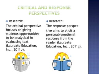  Research:                 Research:
The critical perspective   The response perspec-
focuses on giving          tive aims to elicit a
students opportunities     personal/emotional
to be analytical in        response from the
evaluating text            reader (Laureate
(Laureate Education,       Education, Inc., 2011g).
Inc., 2011b).
 