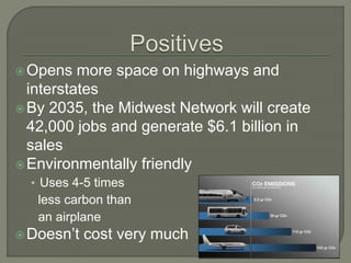 Opens more space on highways and
interstates
By 2035, the Midwest Network will create
42,000 jobs and generate $6.1 billion in
sales
Environmentally friendly
• Uses 4-5 times
less carbon than
an airplane
Doesn’t cost very much
 