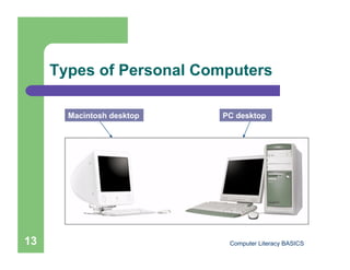 Types of Personal Computers

       Macintosh desktop   PC desktop




13                          Computer Literacy BASICS
 