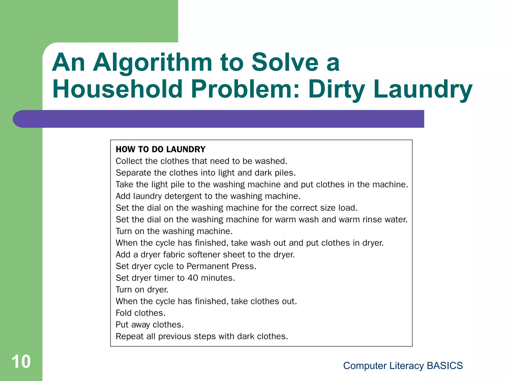 An Algorithm to Solve a
     Household Problem: Dirty Laundry




10                         Computer Literacy BASICS
 